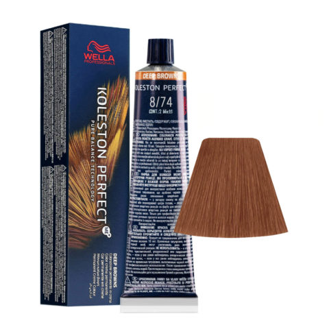 Wella Koleston Perfect Me+ Deep Browns 8/74 Rubio Claro Arena Cobrizo 60ml - coloración permanente