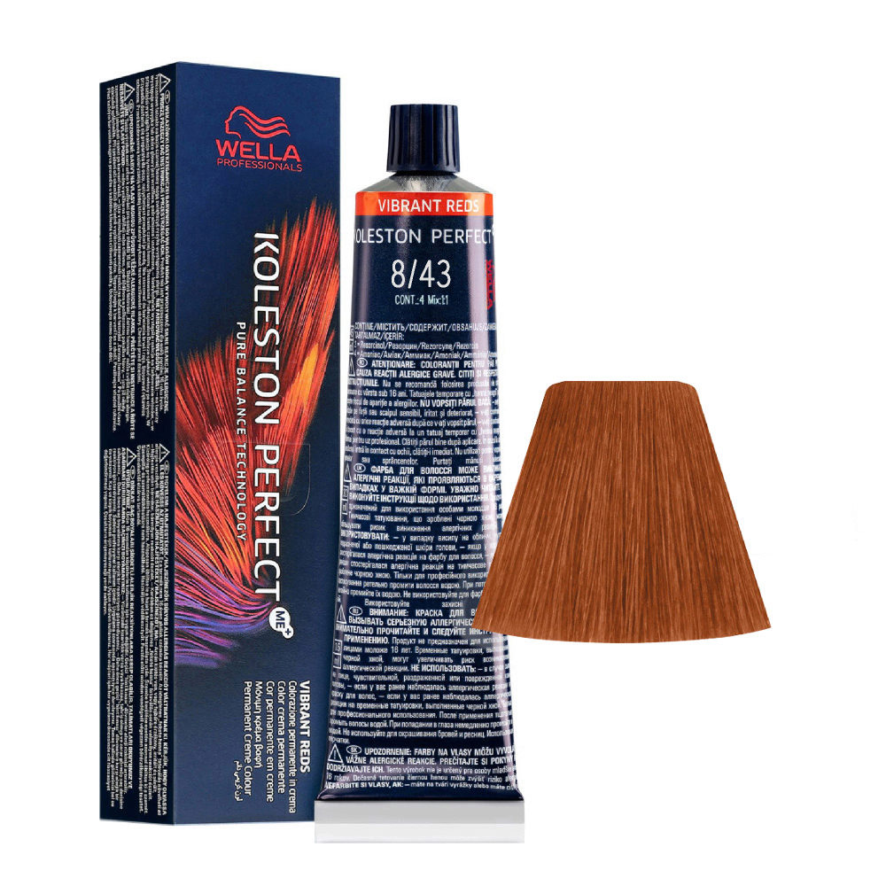 Wella Koleston Perfect Me+ Vibrant Reds 8/43 Rubio Claro Cobrizo Dorado 60ml - coloración permanente