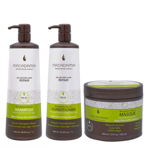 Macadamia Set Cabello Dañado y Fino Champú 1000ml y Acondicionador 1000ml Mascarilla 222ml