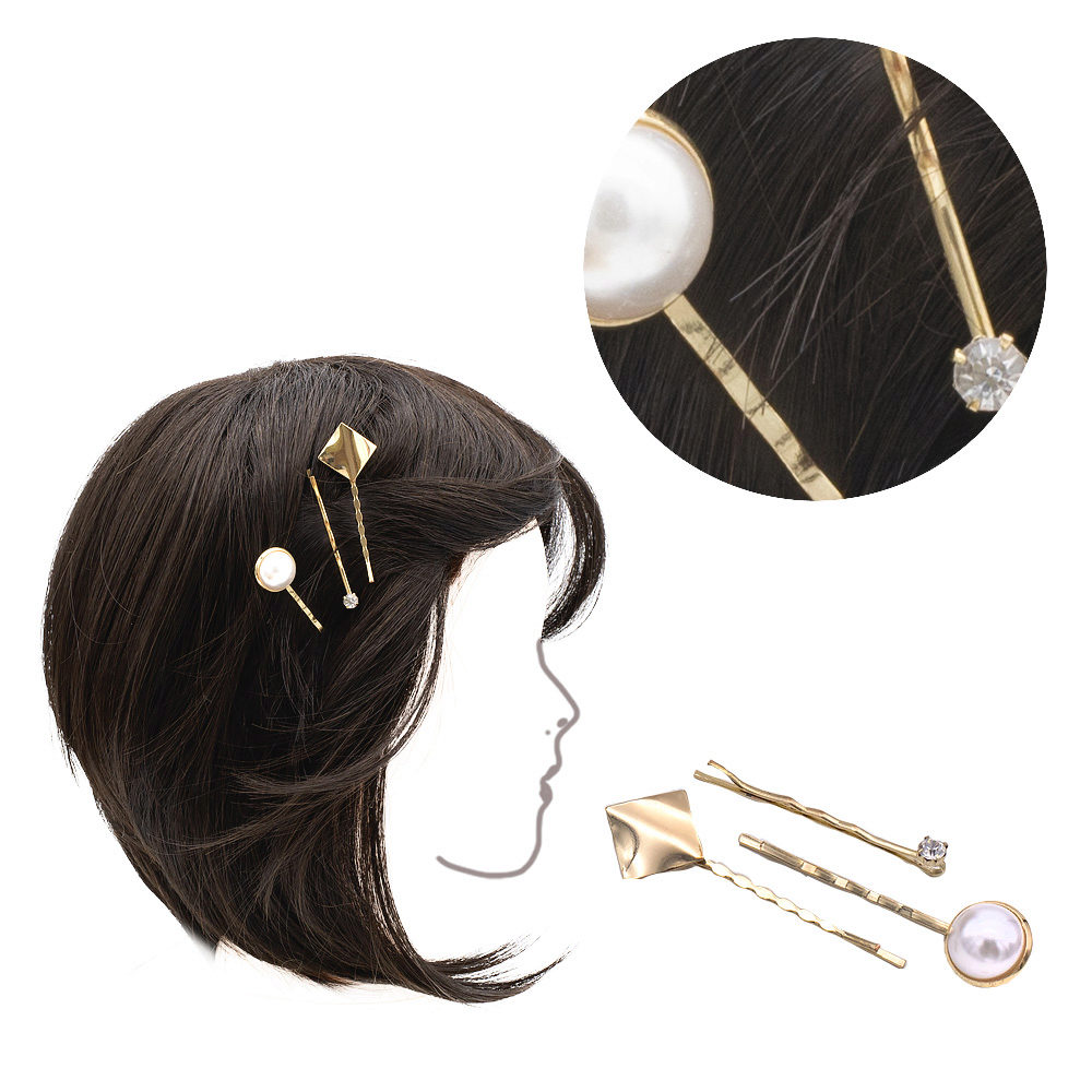 VIAHERMADA Juego de tres horquillas en metal dorado con strass y perla 5cm