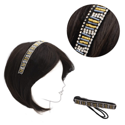 Diadema elástica con cuentas de metal dorado y negro