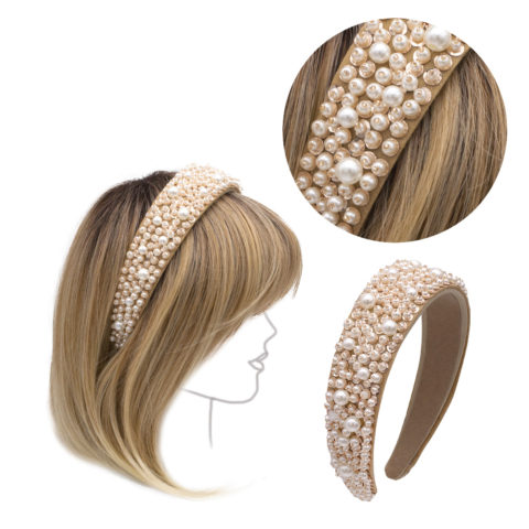 Diadema en Ante Beige con Perlas y Piedras