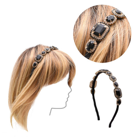 VIAHERMADA Diadema de grosgrain negra con cristales y gemas