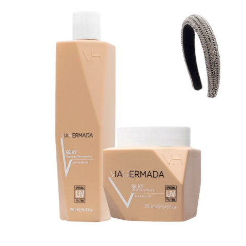 VIAHERMADA Silky Shampoo 250ml Mask 250ml + Diadema Redondeada Con Cadenas y Pedrería Gratis