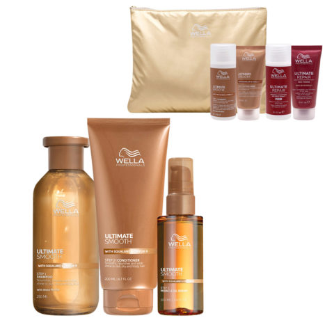 Wella Ultimate Smooth Shampoo 250ml Conditioner 200ml Oil Serum 100ml + Bolsita Oro GRATIS
