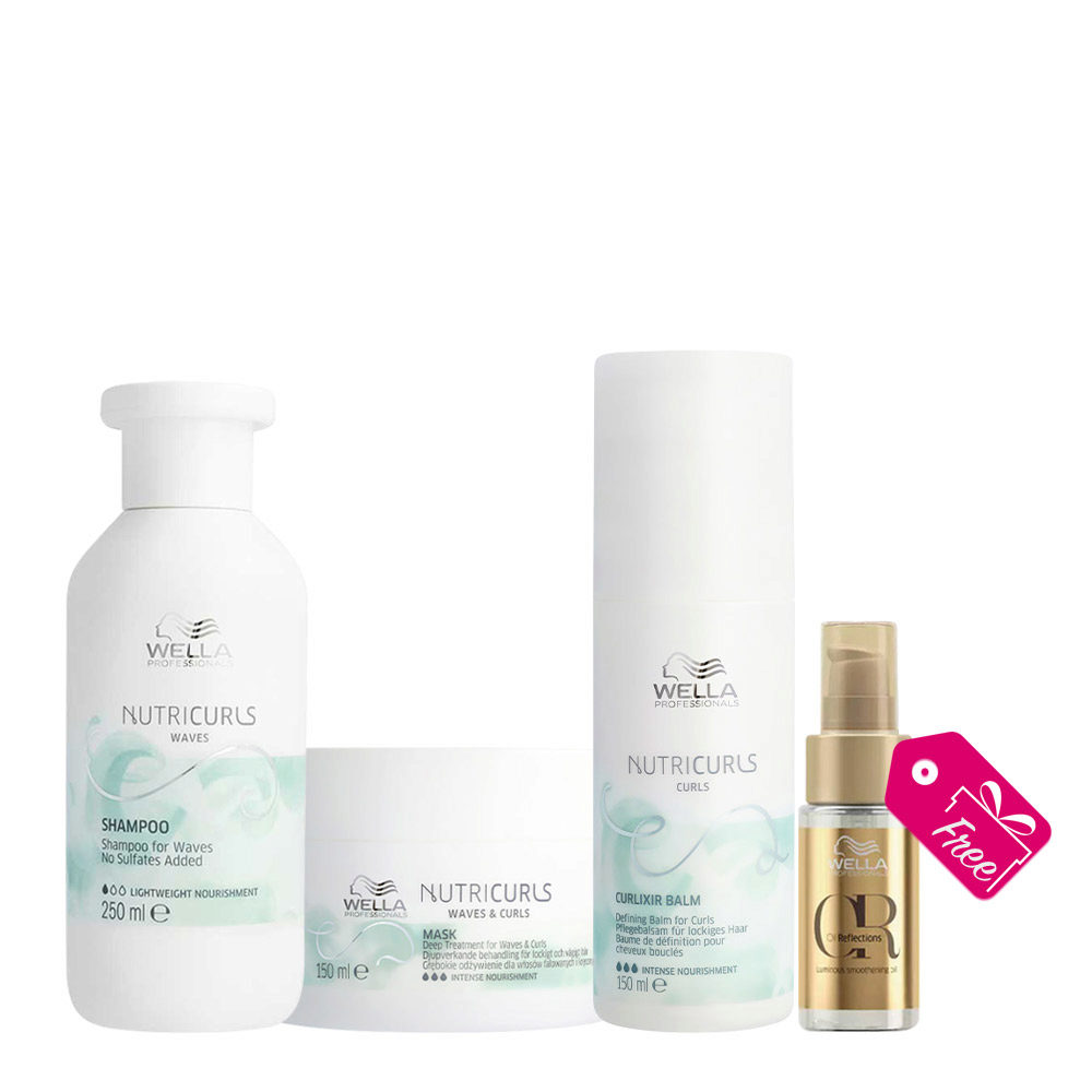 Wella Nutricurls Micellar Shampoo 250ml Waves & Curls Mask 150ml Curlixir Balm 150ml + Luminous Oil 30ml GRATIS